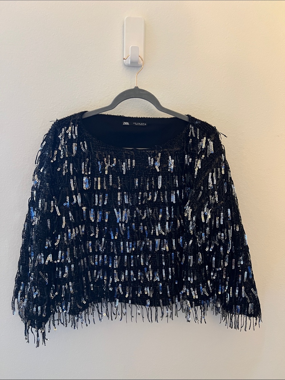 Zara Black Sequin Fringe Crew Neck Sweater